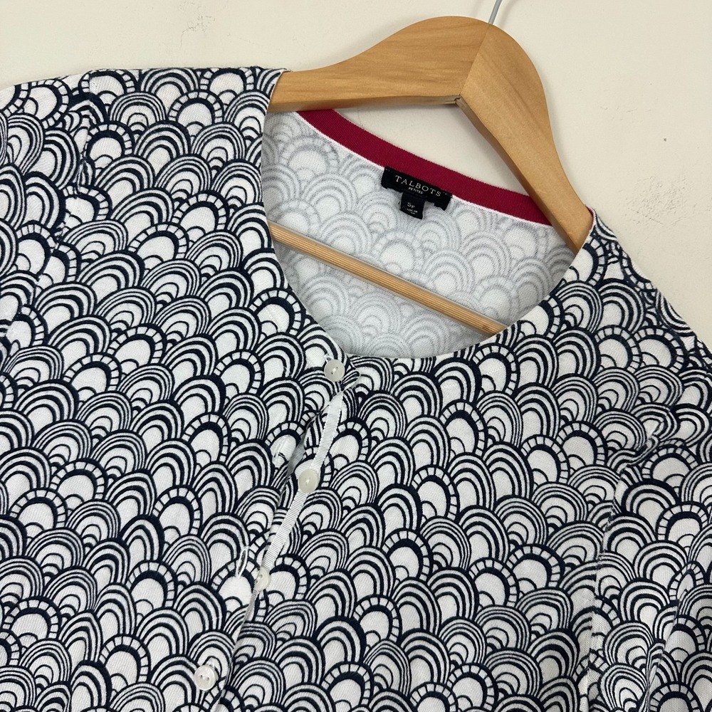 Talbots Cardigan Sweater Navy Blue White Arch Wave Cotton Artsy Women PS